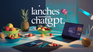 Fotografia realista de uma mesa de trabalho iluminada suavemente, mostrando um laptop aberto com interface de ChatGPT, frutas frescas, legumes variados e tigelas vibrantes de lanches saudáveis.