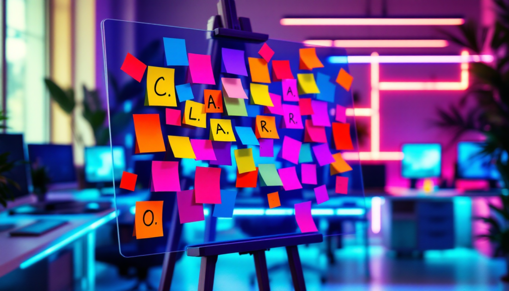 Um quadro transparente cheio de post-its coloridos em um ambiente vibrante e futurista.