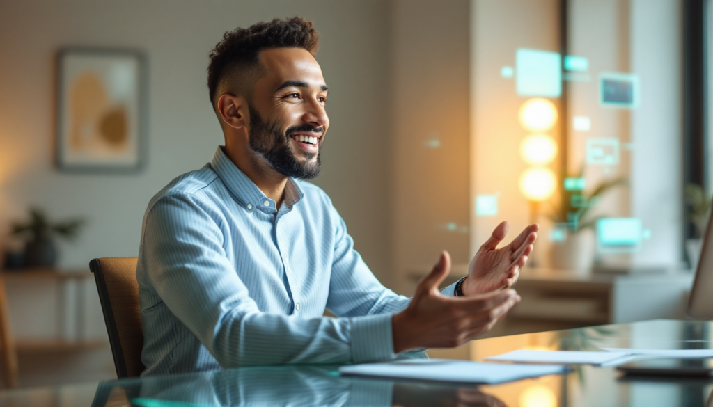 Um homem sorridente e engajado em uma conversa, com elementos digitais flutuando ao fundo.