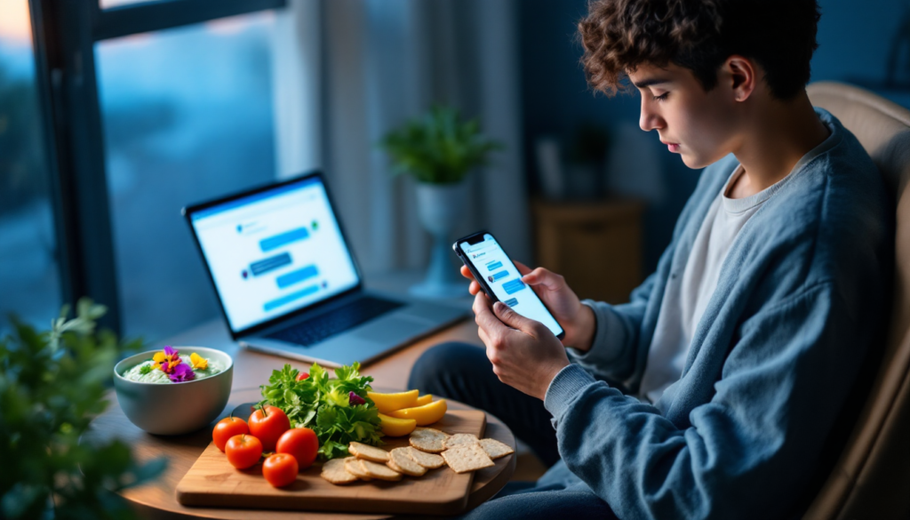 Fotografia realista de uma pessoa usando um smartphone com ChatGPT na tela, preparando um lanche simples com legumes cortados e um molho colorido