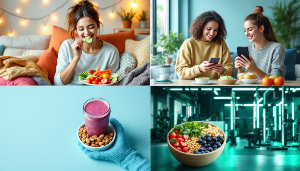 Fotografia em estilo colagem realista de pessoas em vários ambientes—casa, escritório e academia—cada uma desfrutando de um lanche saudável inspirado pelo ChatGPT