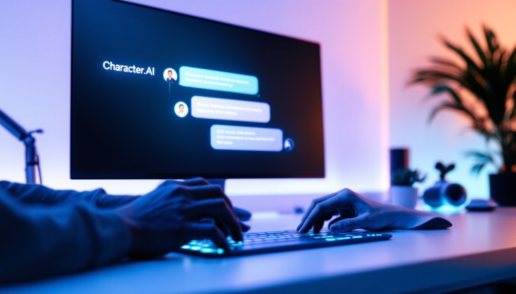 Ilustração de mãos digitando em um teclado com a tela de fundo exibindo o logotipo do Character.AI