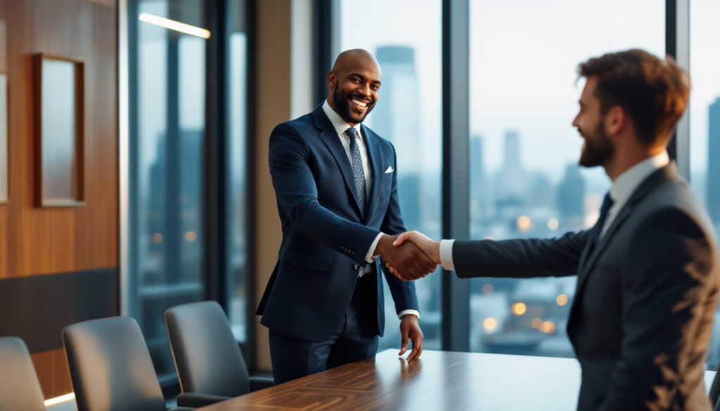 Dois homens apertando as mãos em um escritório corporativo com vista para a cidade ao entardecer.