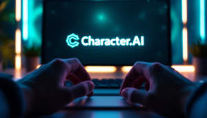 Ilustração de mãos digitando em um teclado com a tela de fundo exibindo o logotipo do Character.AI
