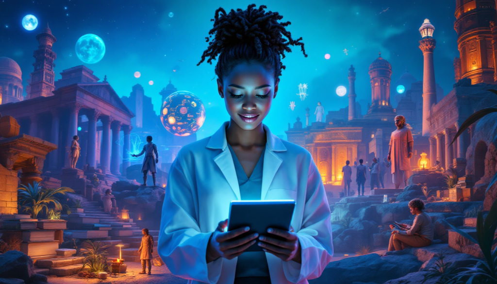 Colagem de diferentes personagens de IA em vários cenários, como um historiador, um cientista e um personagem fictício