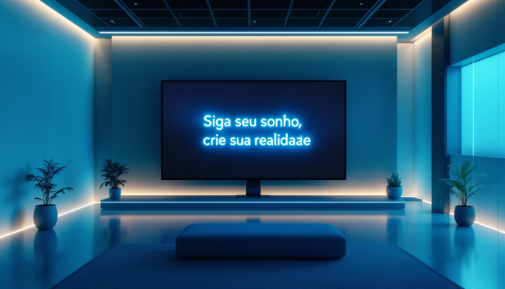 Ilustração de um espaço de trabalho futurista e minimalista com uma tela grande exibindo uma mensagem de inspiração e criatividade