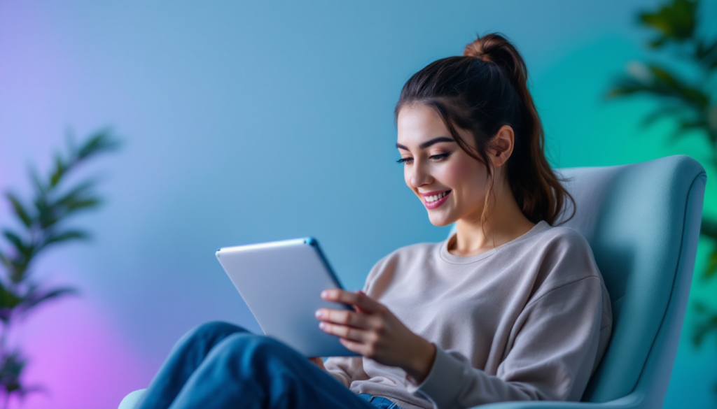 Pessoa interagindo com um chatbot ou assistente virtual, com expressão de curiosidade e interesse no rosto